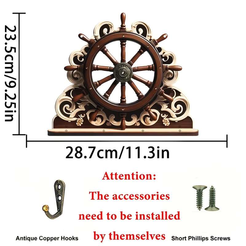 1pc Nautical Rudder Wall Key Holder with 4 Metal Hooks Manufactured Wood Hanging Storage General F