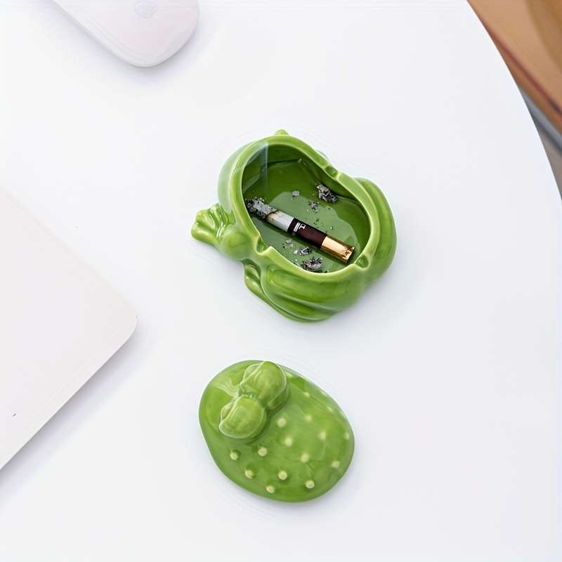 1pc Whimsical Frog Design Ceramic Ashtray with Lid Retro Green Glossy Finish Compact Functiona