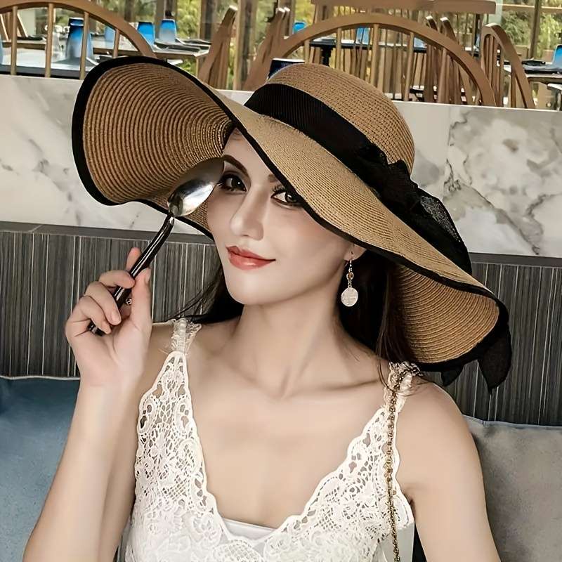 1pc Women's Extra Large Brim Summer Hat Foldable Anti-UV Protection Beach Hat With Ribbon Bow