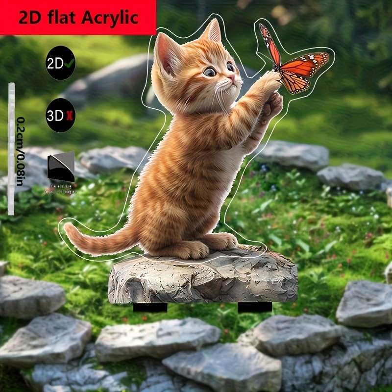 1pc 2D Flat  One Piece WhimsyGarden Acrylic Kitten and Butterfly Garden Stake Plug Waterproof