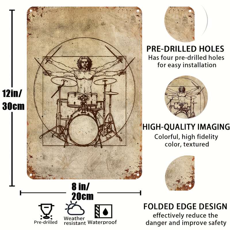 1 Piece Vintage Drummer Metal Tin Sign Aluminum Wall Mount Decorative Plaque 8 x 12 Inches