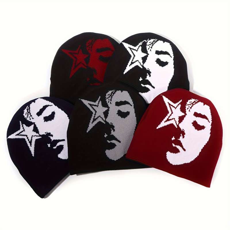 1pc Star Face Jacquard Knit Beanie for Women and Men Acrylic Stretchy Skull Cap Lightweight Unise