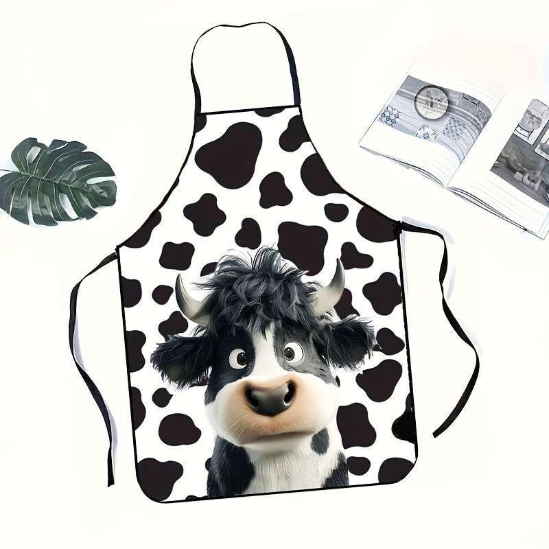 1pc Cartoon Cow Print Apron Unisex Fun Kitchen Apron 100% Polyester Woven Fabric 150gsm Du