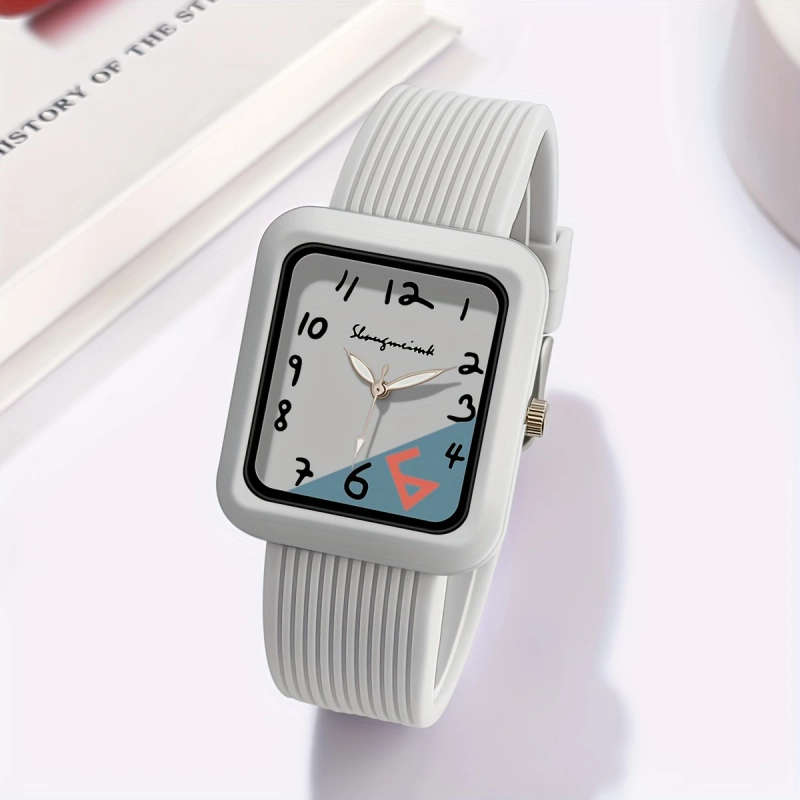 1pc Fashionable Quartz Watch With Striped Silicone Strap Colorblock Dial Rectangular Case Elegant