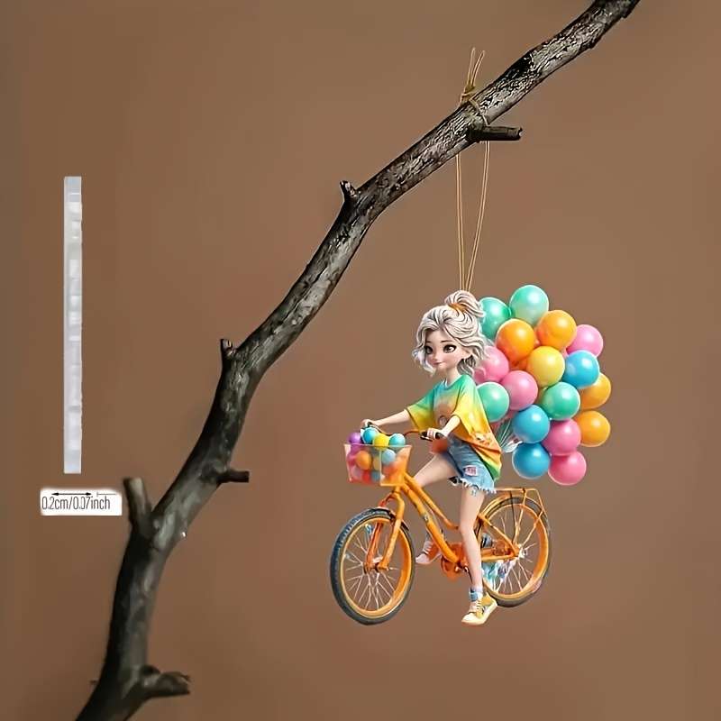 1pc 2D Flat   Cute Girl Riding Bicycle with Colorful Balloons Acrylic Hanging Ornament Vibrant