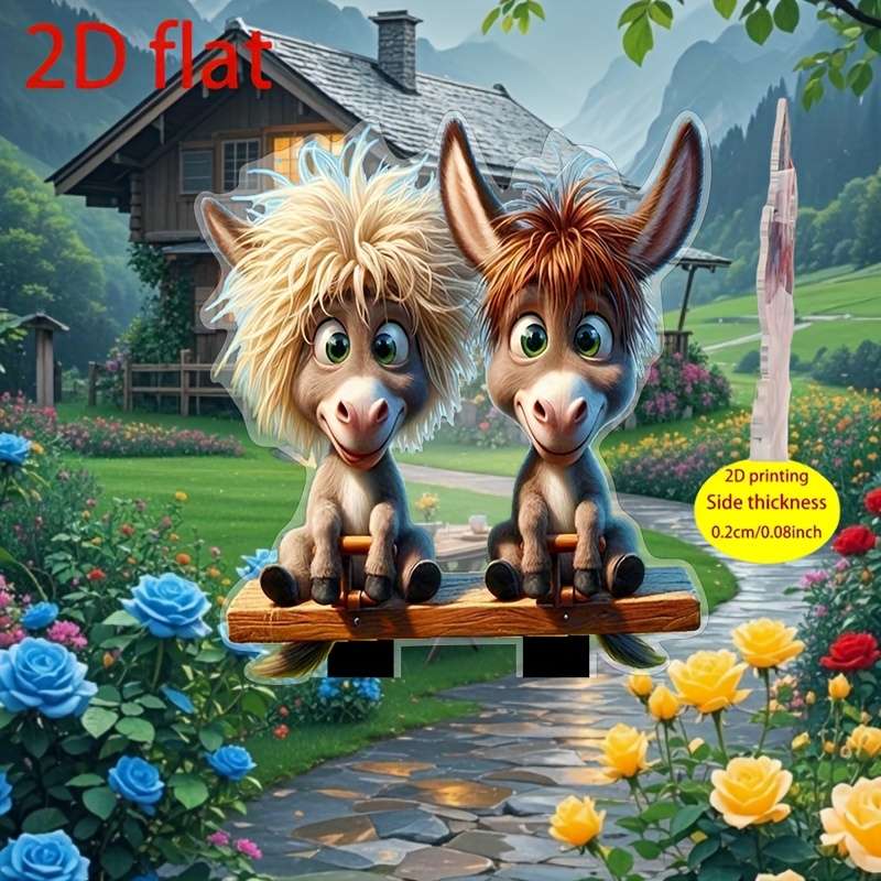 1pc 2D Flat   Plane Cute Donkey Garden Insert Card Bohemian Style Acrylic Outdoor Decoration Su