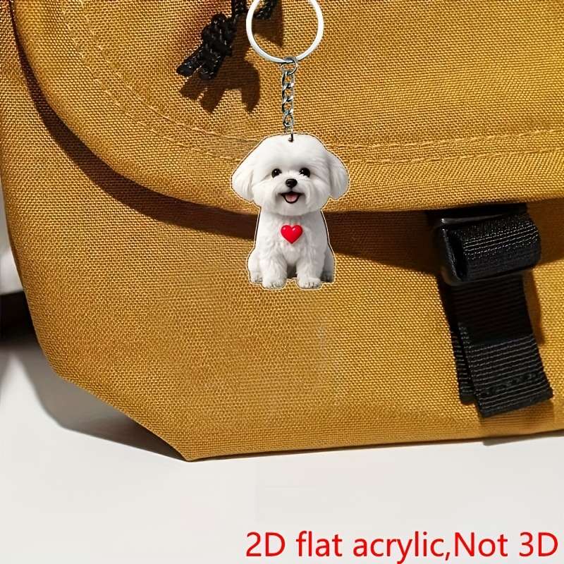 1pc 2D Flat    Cute White Dog Acrylic Keychain with Heart Charm Flat Keychain Perfect Gift