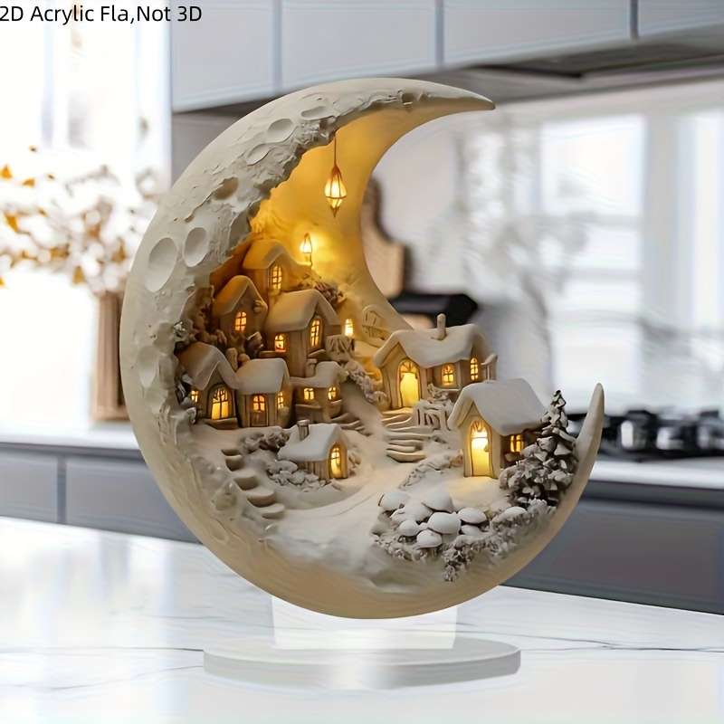 1pc 2D Flat  Bohemian Style Crystal Moon Phase Snowy Village Decor Dreamy Pastel Grey Acrylic P