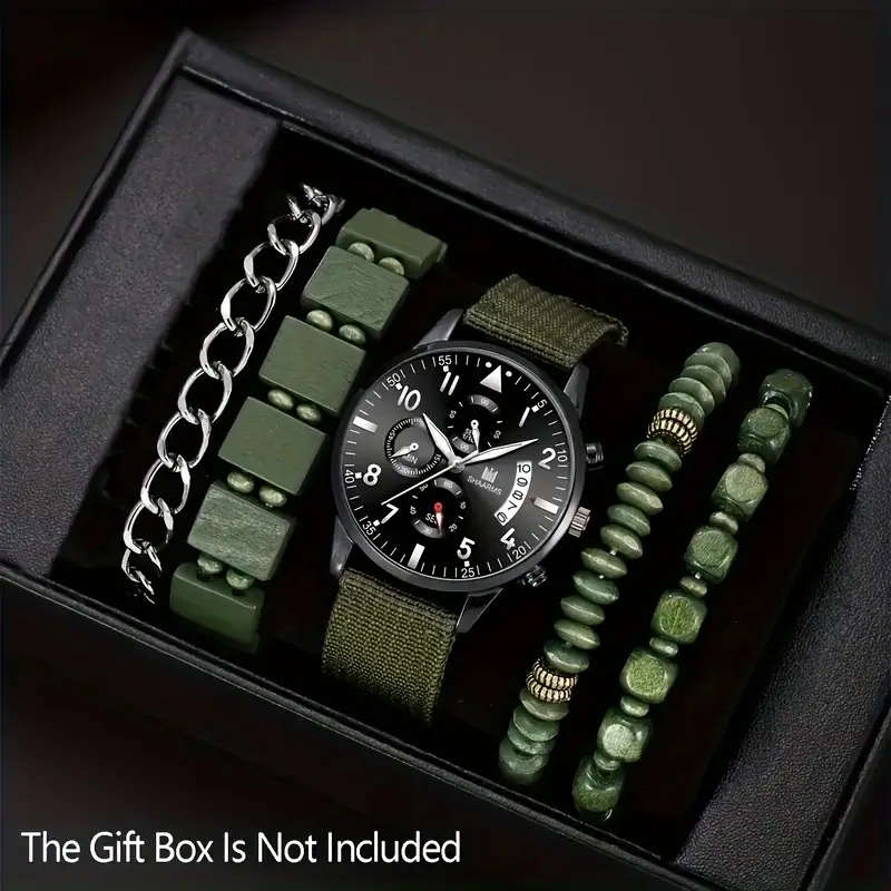 Men's Military Green Fashion Watch Set with Quartz Movement