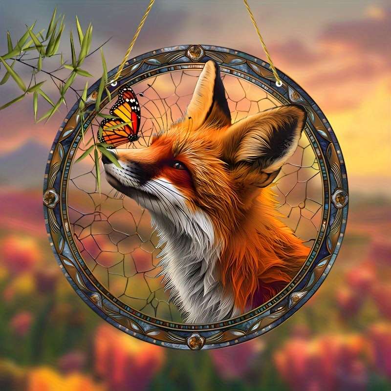 1pc 2D Flat  Charming Fox Light Trap Stained-glass Window Hangings Perfect for Autumn and Cou