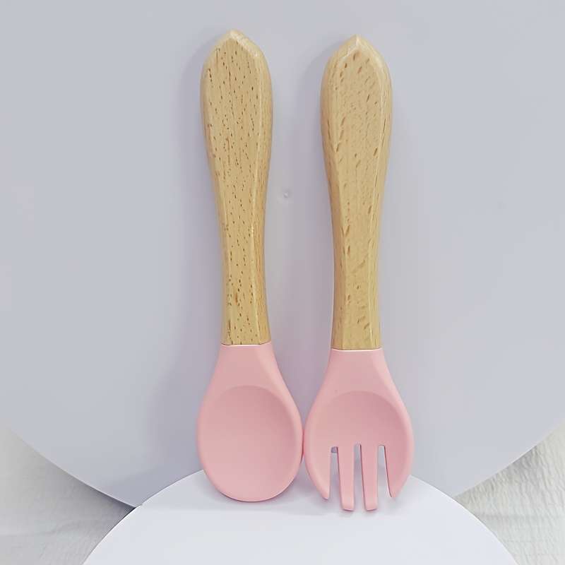 2pcs Customer Favorite 100% Food Grade Silicone Spoon and Fork with Wooden Handle BPA Free Su