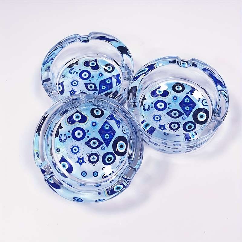1pc Round Glass Ashtray with Blue Eye Design 8.48cm Decorative Smoke Accessory for Home Bar U