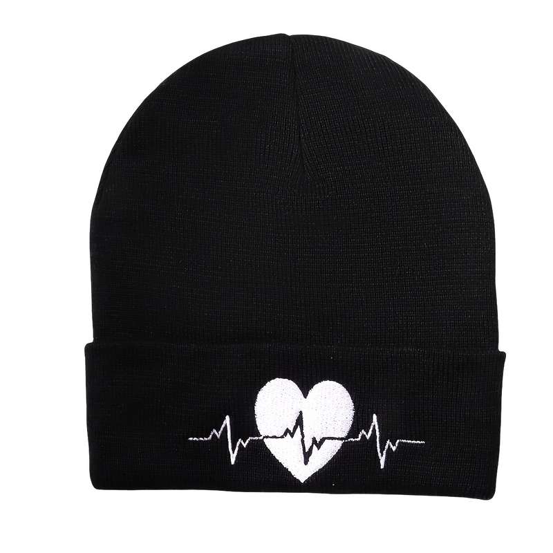 1pc Heartbeat Embroidered Beanie Soft Acrylic Knit Winter Hat Elastic Lightweight Machine