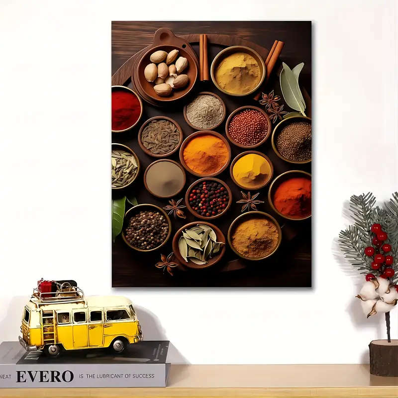 1pc Colorful Spices Farmhouse Kitchen Wall Art Wooden Framed Canvas Print for Home Office Decor Perf