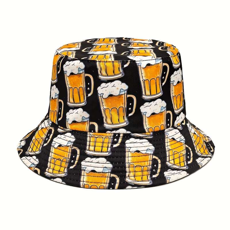 1pc FUODRAO Men'S Stylish Beer Print Bucket Hat Double-Sided Sun-Protective Beach Cap for Outdoo