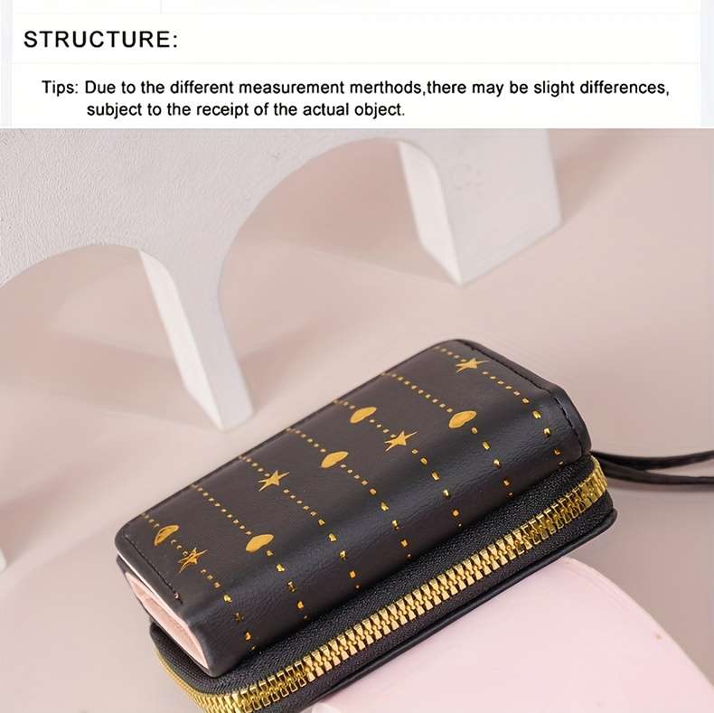 1pc 2025 Newest Women'S Fashionable Short Wallet Black with Golden Star and Heart Design Slim Mu