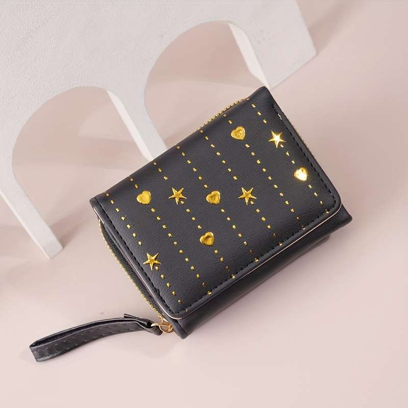1pc 2025 Newest Women'S Fashionable Short Wallet Black with Golden Star and Heart Design Slim Mu
