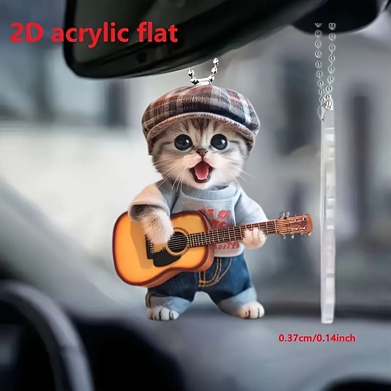 1pc 2D Flat  Charming Acrylic Guitar Cat Car Mirror Charm Decorative Art Pendant for Home Vehicl