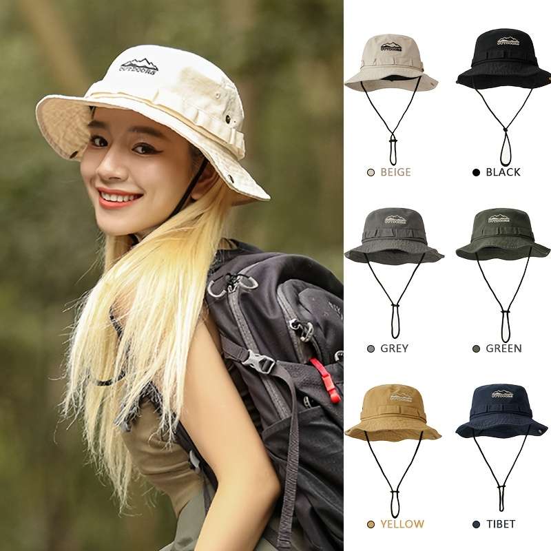 1pc Breathable Outdoor Adventure Bucket Hat with Drawstring Sun Protection for Hiking Fishing