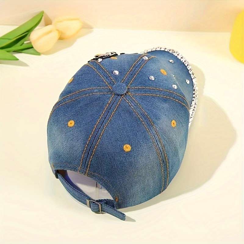 1pc Butterfly Pattern Rhinestone Decor Fashionable Baseball Cap Women's Sunshade Washed Denim Spor