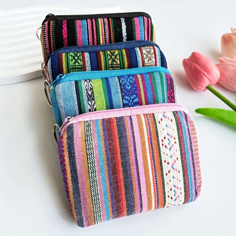 1pc Boho-Chic Retro Striped Canvas Zipper Wallet Lightweight Clutch with Coin Pocket Multifuncti