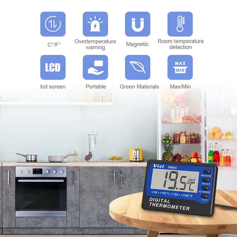 1pc Digital Thermometer with External Sensor Large Display -58 to 158 Range Alarm Alerts AAA Batter