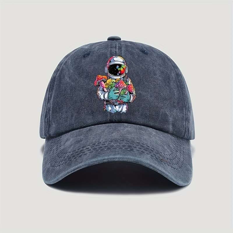 1pc Colorful Astronaut with Assorted Mushrooms Print Baseball Cap Vintage Fun Cotton Adjustable S