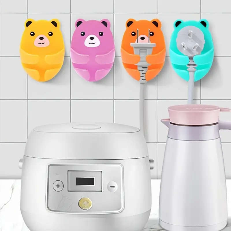 4pcs Cartoon Bear Wall-Mounted Power Strip Holder Strong Adhesive Cable Organizer Easy Install Kitch