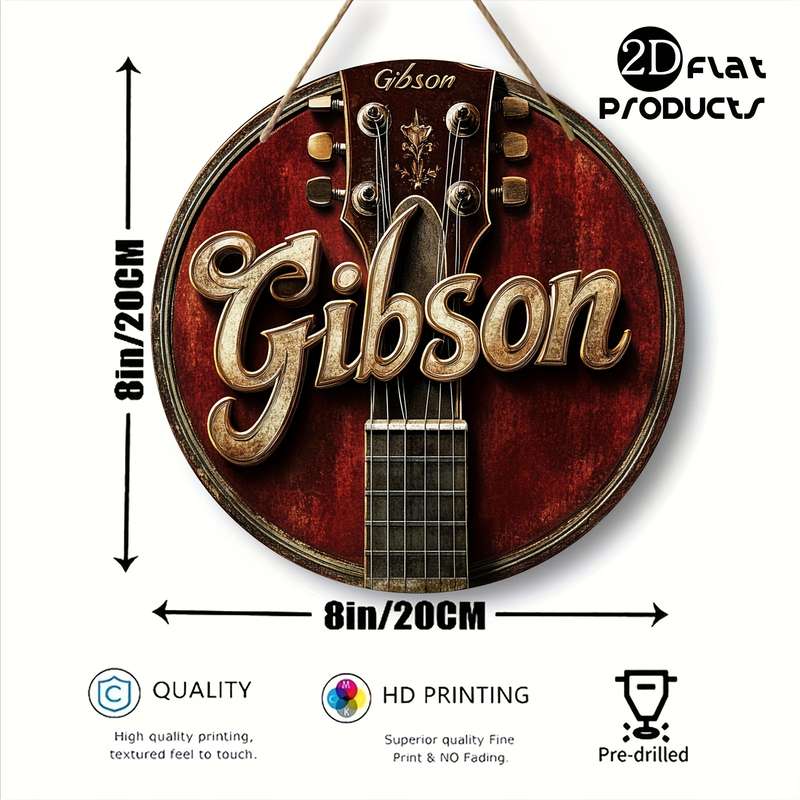 1pc 2D Flat Guitar Theme Round Wooden Sign 8x8in 20x20cm Home Holiday Decorations Suitable for R