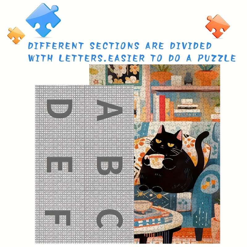 1000pcs Jigsaw Puzzle for Adults Families Black Cat Enjoying Coffee Design Woode