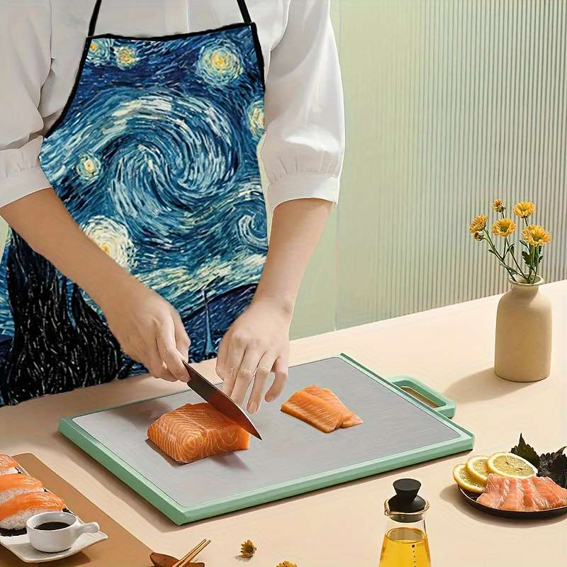 1pc Starry Night Kitchen Apron Stylish Polyester Cooking Apron with Van Gogh-Inspired Design Per