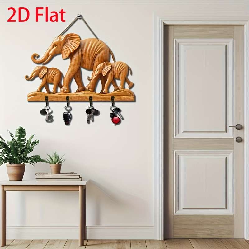 1pc Elephant Simple Colorful Wooden Keychain with Four Metal Hooks 30.0cm x 24.99cm 2D Farmhouse