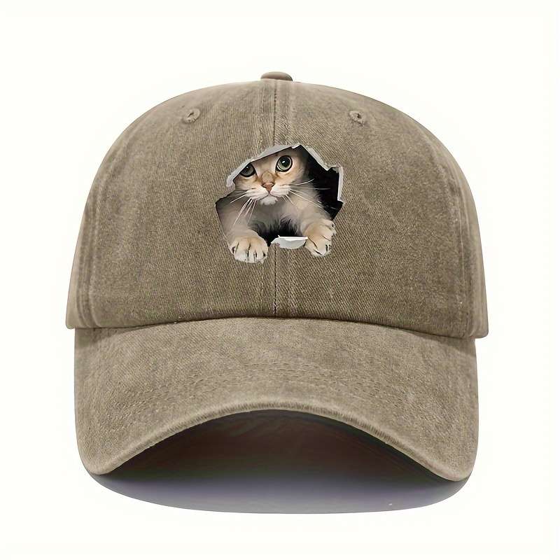 1pc Vintage Washed Cotton Baseball Cap with 3D Cat Print Adjustable Stretch Fit Lightweight All-S