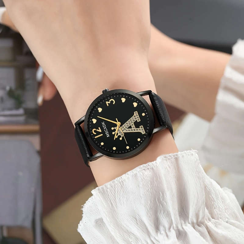 1pc Fashionable Women's Quartz Watch Round Analog Display Shock-Resistant Alloy Case PU Leather Band