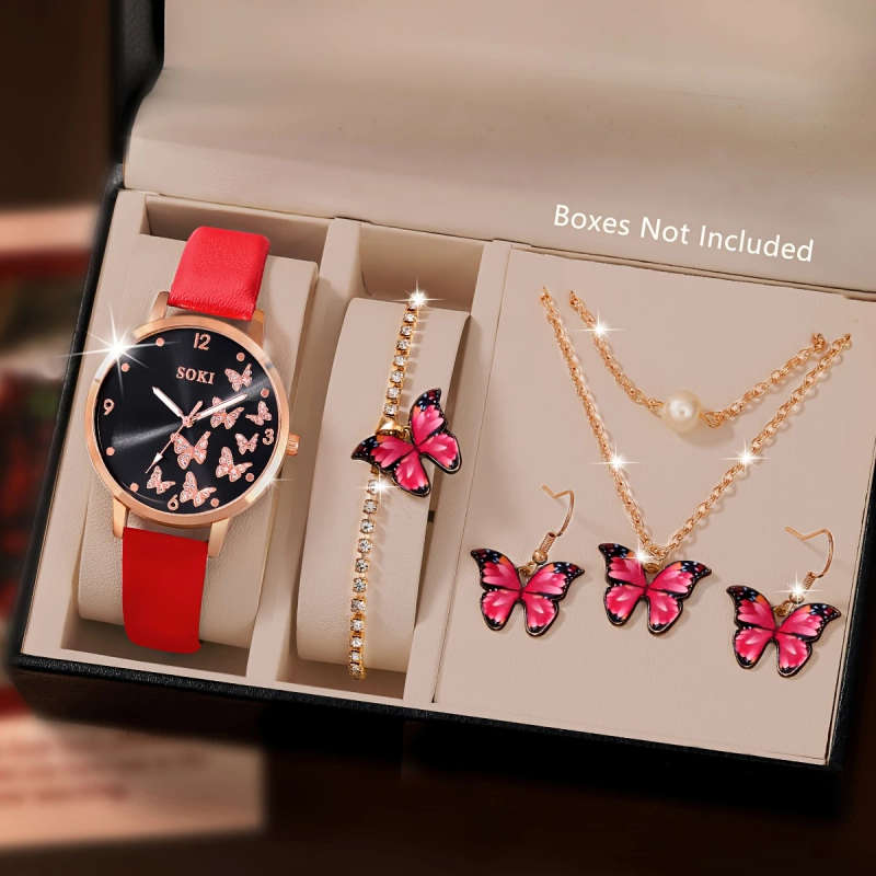 5pcs set Women'S Butterfly Jewelry Set with Quartz Watch Includes Necklace Earrings Bracelet Watch w