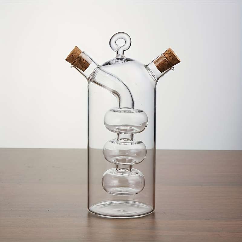 1pc 2-in-1 Glass Olive Oil and Vinegar Dispenser with Cork Stopper Clear Kitchen Container Dual