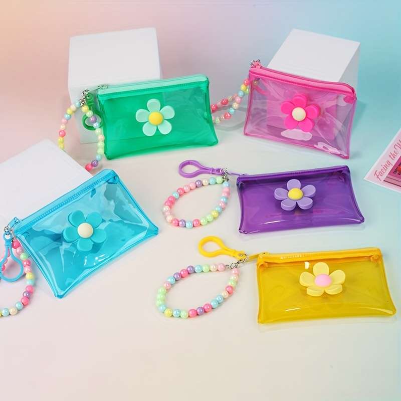 1pc Trendy Transparent PVC Coin Purse with Beaded Chain Compact Key Card Holder Zip Closure E