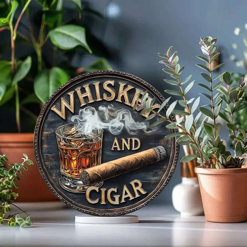 1pc 3D Painted Rustic Wooden Round Sign Whiskey and Cigar Artistic Decorative Wall Art Unframed Clas