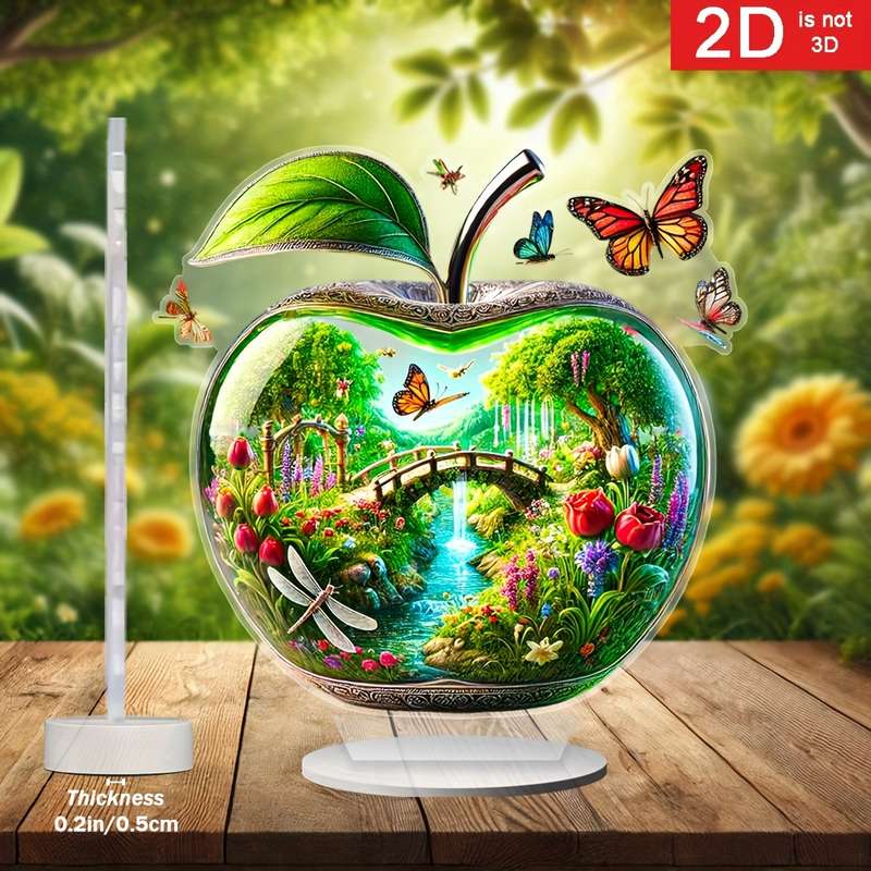 1pc 2D Flat   Charming Apple-Shaped Acrylic Decor a Vibrant Garden with Bridges Waterfalls D