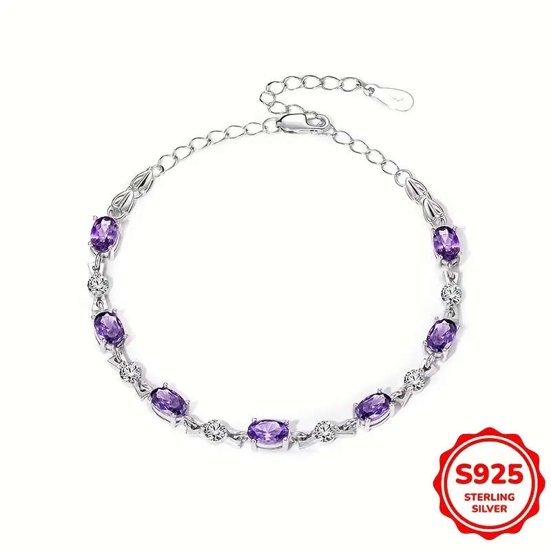 925 Sterling Silver Bracelet with Purple Cubic Zirconia - Bohemian Style