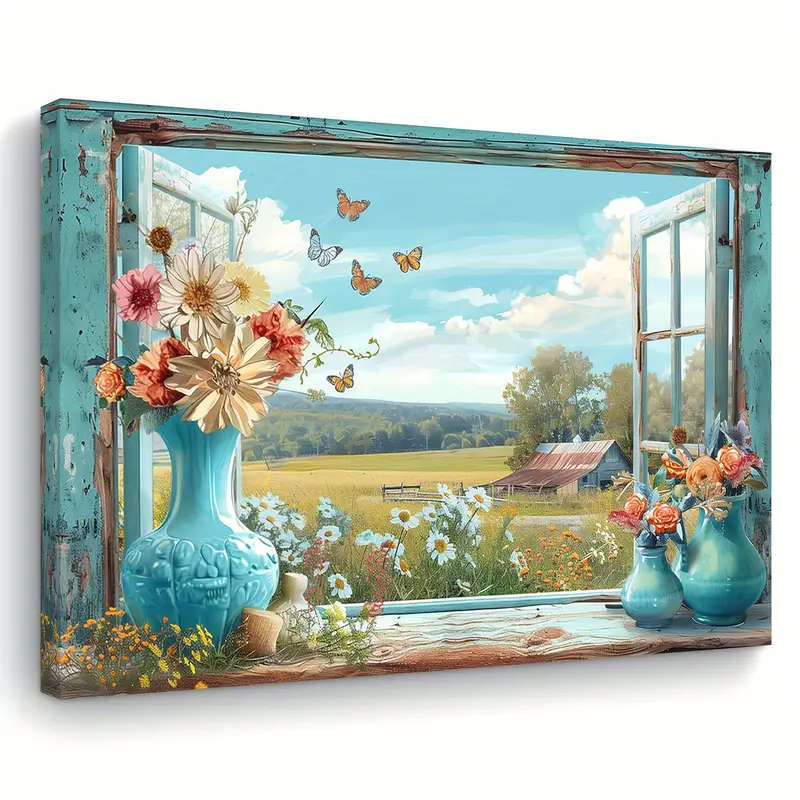 1pc Wooden Framed Canvas Painting Open the window view Wall Art Prints for Living Room Bedroom Kitch