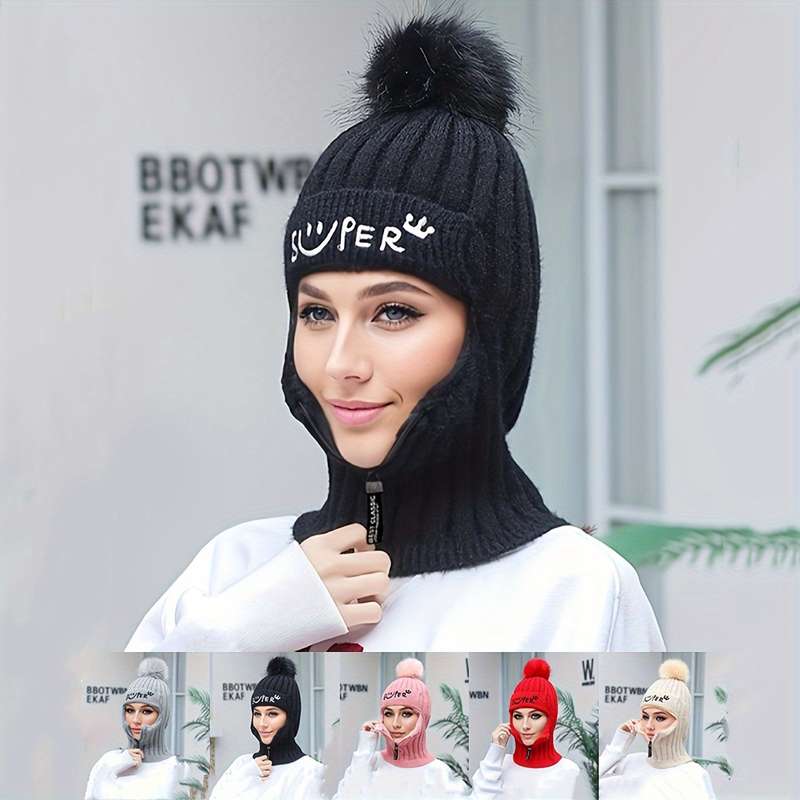1pc Warm Elastic Knitted Winter Beanie with Pom Pom and Zipper for Women