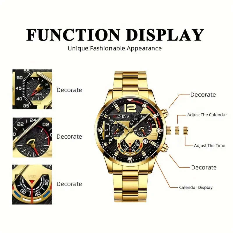 Set Of 4 Pieces Including A Men's Business Casual Calendar Watch A Golden Cross Necklace A Bracelet