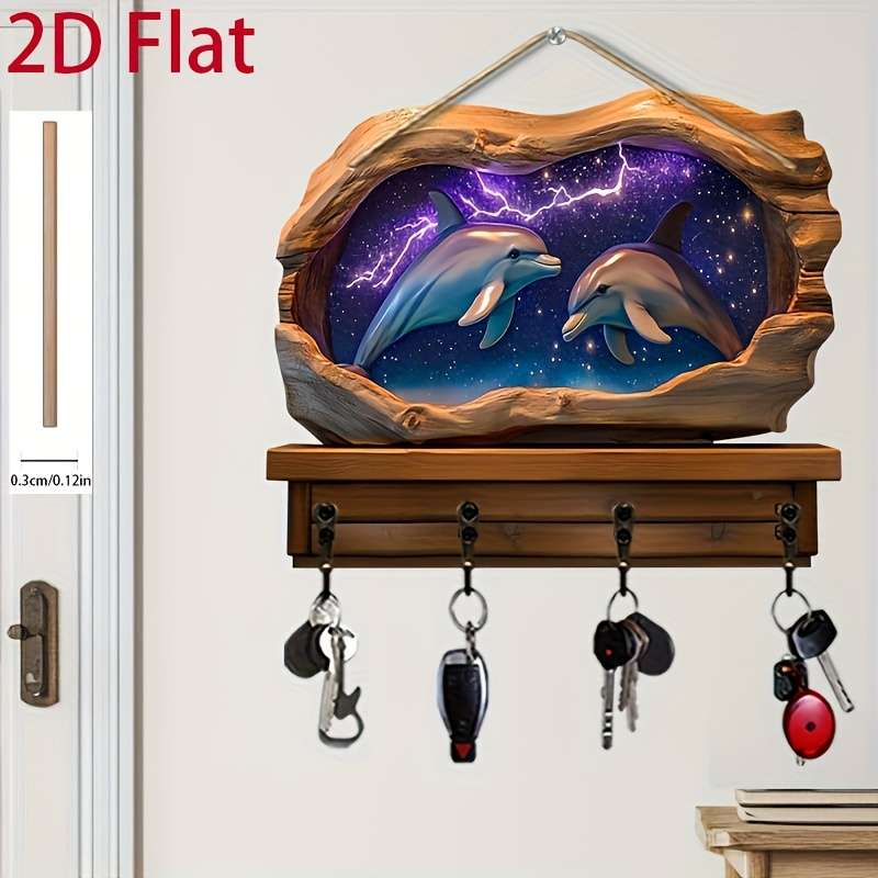 2D/Flat Dolphin Simple Colorful Wooden and Home Key Holder with Four Metal Hooks Wall Decor Porch