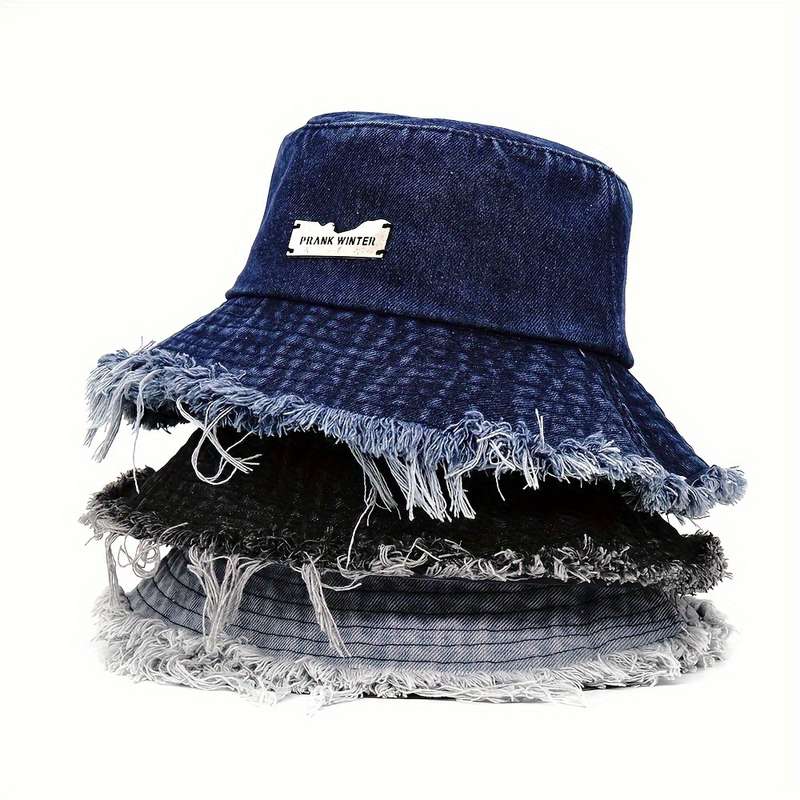 1pc Sun Protection Polyester Bucket Hat with Frayed Edge Design Hand Washable Woven Denim Style Ca