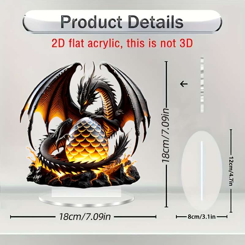 1pc 2D Flat    Acrylic Decorative Plaque Statue Majestic Black Dragon with Fiery Egg