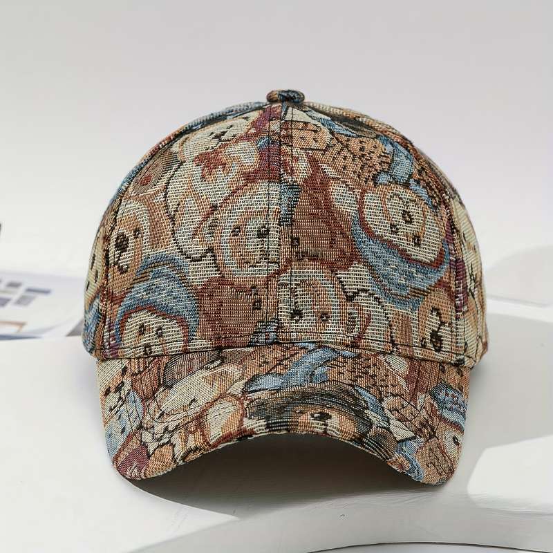 1pc Vibrant Bear Print Unisex Cotton Baseball Cap Trendy Sun Protection Breathable Adjustable