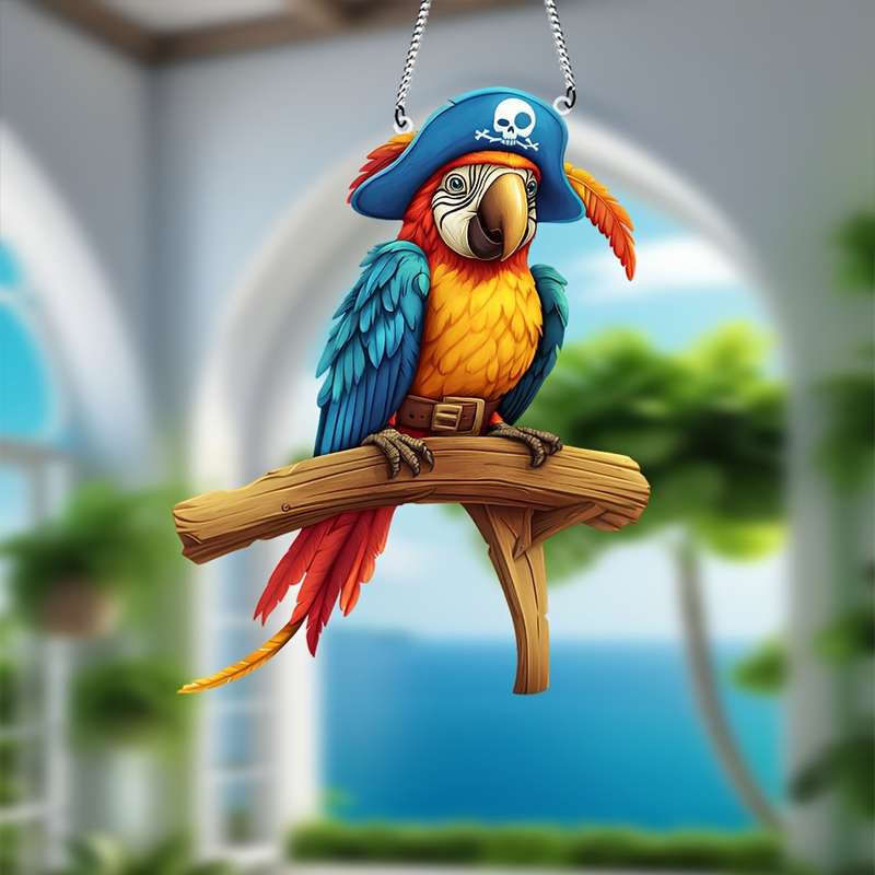 1pc 2D Flat  Bohemian  Pirate Parrot Hanging Decor Colorful Acrylic Bird Ornament with Wooden P