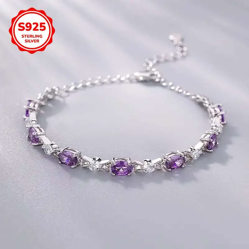 925 Sterling Silver Plated Purple Synthetic Zirconia Chain Bracelet