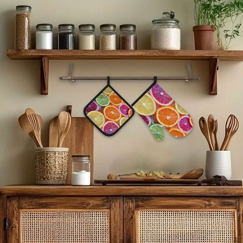 2pcs Citrus Fruit Slices Pattern Oven Mitts and Pot Holders Set Heat Resistant Microwave Glov